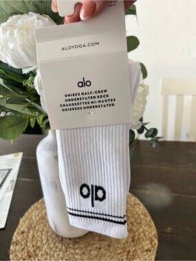 ALO Yoga White Athletic Half-Crew Socks with Black Accents